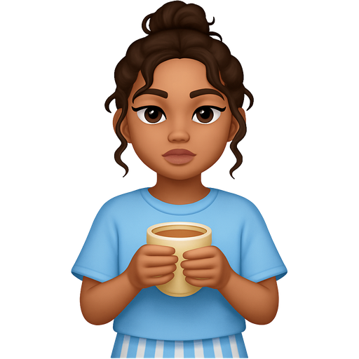Brown curly/wavy haired girl with fair but slightly cool brown skin tone, in powder blue oversized t shirt and powder blue white stripped mini shorts, messy bun with some face framing pieces of hair out, big eyes with winged eyeliner, minimal makeup, nude pale lips, snatched face holding Instead indian chai in hands, emoji like