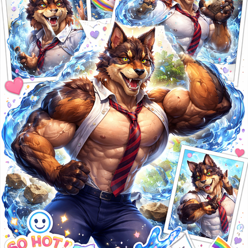 A Very Cute and Flirty, Hot and Attractive animal that is a Chunky and Hunky Sabertooth mixed with a German Shepard with Ginormous Biceps and Pecs Bara furry Wearing a School Uniform and Tie at school With Hydrokenetic Elemental Powers controlling Rocks, Rain and water. A Collage