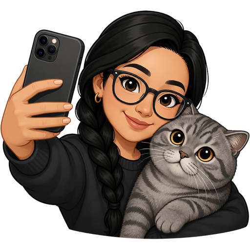 light tan woman with black hair in a braid and glasses taking a selfie with a grey tabby British Shorthair cat
