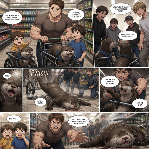 A DETAILED AND LIFELIKE ANIME Comic Book story view of a Bulky but Muscular ANIME Cute Bara Man With Peach toned skin Who looks Normal aind round facial Structure and Basic facial structure With Puffy and Big Pecs that are visible through the shirt and Biceps and Bandaid on his nose and Brown Short and Strait hair. Wearing normal With his pet Grown and long and Owns HEALTHY, CUTE AND REALISTIC OTTERS in Dog Wheel Chairs and 2 little brothers that are in different ages but young. At the grocers store, And their otters cuddle. One of the otter got bullied by humans, and the otter flys out of the wheelchair and the otter lays there unable to move and crying. And the otter’s twin Was held back when he tries to help his brother.