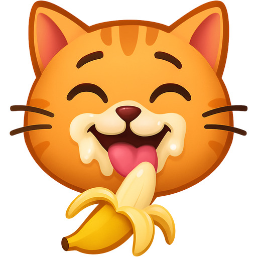 Happy cat emoji face eating banana, with dripping cream on face, eyebrows and mouth like tasty expression
