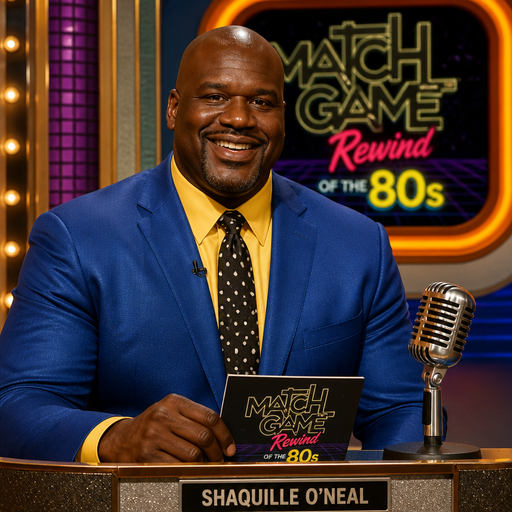 Shaquille O’Neal blue blazer and yellow shirt black with polka dots tie tv 📺 match game: rewind of the 80s game show series