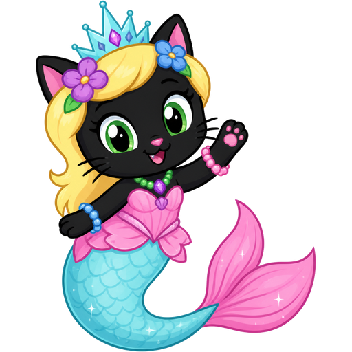 black cat with light yellow hair purple and blue flowers light cyan crown purple and green necklace pink and blue bracelets pink dress attached to long light cyan mermaid tail with pink tail fins based on spike (pony.mov)