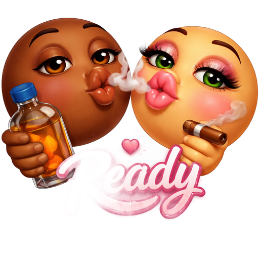Two emoji kiss time little heart touching emoji’s lips both of them one holding big glass bottle other other emoji holding lit cigar in hand both blowing light smoke from their mouth one darker brown, this emoji dark brown, brown eyes has no make up turning with puckered lips to kiss other emoji's big puckered plump juicy lips with pink glossy lips this emoji color tan is slightly turned towards first emoji green eyes add fake longer eye lashes, add light pink blush puckered lips alot of makeup on this emoji add word Ready touching both emoji’s chin