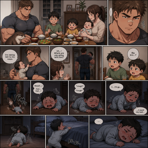 A DETAILED AND LIFELIKE ANIME Comic Book story view of a Bulky but Muscular ANIME Cute Bara Man With Peach toned skin Who looks Normal aind round facial Structure and Basic facial structure With Puffy and Big Pecs that are visible through the shirt and Biceps and Bandaid on his nose and Brown short hair that makes them look tough. Wearing normal With his pet Grown and healthy realistic otter and 2 little brothers that are in different ages but young. But didn‘t like the baby, but At the dinner table the baby was loved by the family. so he picks the little baby and takes him to his room alone and the baby brother fly’s into to the floor and cries but is to weak and the baby brother sits there coughing and gets up slowly and takes his time but he is impatiant. And is weighed down on to his bed for bed