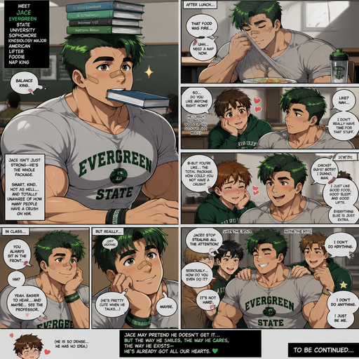 A Full page Anime Comic book story about of a masculine and Bulky ANIME Cute Bara Man American College Student with no Facial Hair. with a ROUND and BASIC facial structure and TENAGE BARA CUTE MALE not to detailed With bigger than average Pecs that are visible through the shirt and Biceps and a big Bandaid on his nose and Left Cheek and Right Eye brow. Wearing a no piercings Baggy School Spirit shirt that’s tight around the waist and Short and Forest Green Hair and Bright Green Waved Hair and Strait with brown eyes and black eyebrows. Sitting down with his head still and his eyes looking up at you with a Hot, Cute and Dreamy smile And Balances Books on his head and In his mouth from a side angle. Doing other cute and Hot stuff in classrooms and wiping his face after lunch with his shirt. And Talking to his Friend who has a crush on him. And his friends and pretends to not have a crush on him but he doesn’t