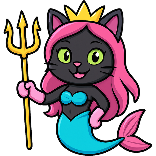 black cat smiling pink long hair golden crown purple green eyes light pink gloves very long cyan mermaid tail with pink fins swimsuit cyan holding a golden trident sonic x version
