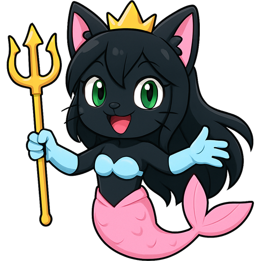 black cat smiling long hair crown green eyes #ffb8e9 gloves very long #B8FFFF mermaid tail with #ffb8f2 fins swimsuit #B8FFFF holding a golden trident sonic x style fan character emoji, expressive cute style