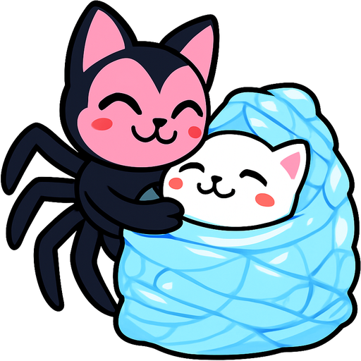 pink and black cat spider hybrid happy hugging #B8FFFF slikworm cocooned pod white cat with two red blushes on cheeks happy sleeping covered with #B8FFFF huge coating of #B8FFFF slik and huge #B8FFFF slik wrappings and huge #B8FFFF webbing wrappings #B8FFFF