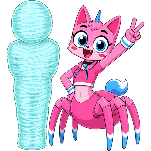 wrapped up and mummified fully covered in a #B8FFFF spider slik cocoon shaped like boy behind back with #B8FFFF spider slik wrappings completely covered with thick layers non-transparent #B8FFFF spider slik wrappings next to a happy anthro femboy pink cat drider doing victory sign based on unikitty