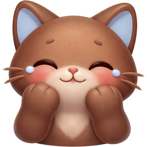 iOS-style emoji of котик умиляется clean soft 3D render, smooth rounded shapes, subtle glossy finish, minimalistic design, deep warm brown base (#583722) instead of yellow, soft desaturated blue accents (#BDD7DE), gentle gradients, soft ambient lighting, slight inner glow, polished surface, expressive but simple facial features, centered composition, plain light background, ultra clean, high resolution, cohesive apple emoji aesthetic