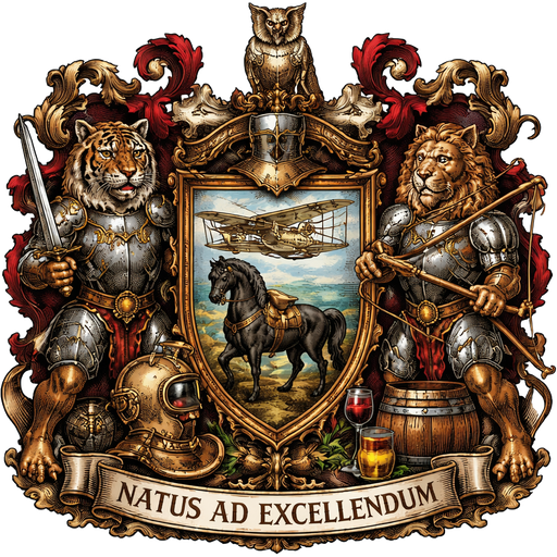 Create a medieval style coat of arms with the main elements of aviation (with the use of the original Wright flyer with no modern features added) and equestrian (with the use of a saddled black friesian horse). Secondary elements includes diving (with the use of a old style copper and brass diving helmet) and wooden barrel with a glass of wine and a glass of whiskey on it. Main components shall take up more space than secondary elements. Include an owl in the crest part of the coat of arms. Use an armoured tiger holding a sword representing the fencing element and an armoured lion holding a bow representing the archery element as the shield supporter. Include the latin phrase “natus ad excellendum” in all caps as the motto on the bottom banner using the font gothic script