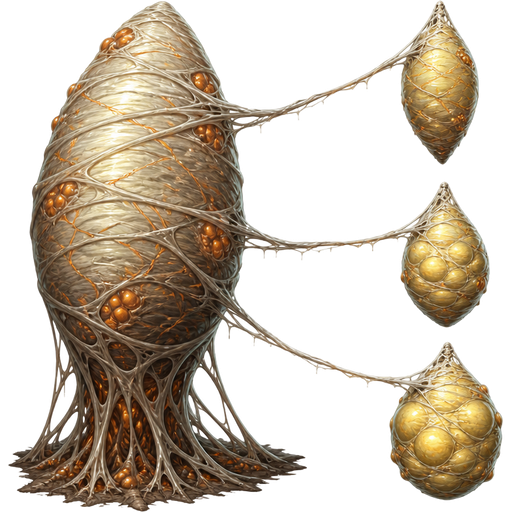 dungeon fighter online game giant slikworm cocoon with small orange veins and orange clusters and slik wrappings anchor to the ground and slik strings attached to light yellow slikworm cocoon sprites normal squishing squishing with bulges