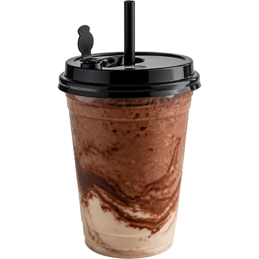 Chocolate Cocoa Pump Smoothie with a 32oz PP Injection Cup and a Premium Plastic PP Black Lid with an Attached Stopper including a Straw on Top of It Infused with Yogurt Blended with Alter Plant Based Chocolate Protein, Bananas, Almond Milk and 100 % Cocoa and it’s almost a Fudge Chocolate Cocoa with a Beige White in the Middle or at the Lower Bottom
