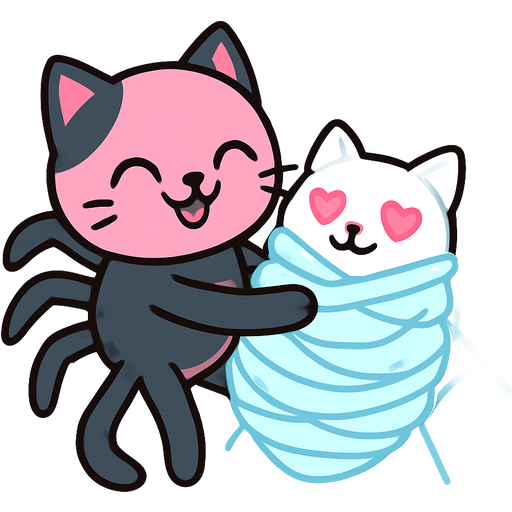 pink and black cat spider hybrid happy hugging #B8FFFF slikworm cocooned pod white cat happy with pink heart eyes covered with #B8FFFF huge coating of #B8FFFF slik and huge #B8FFFF slik wrappings and huge #B8FFFF webbing wrappings #B8FFFF