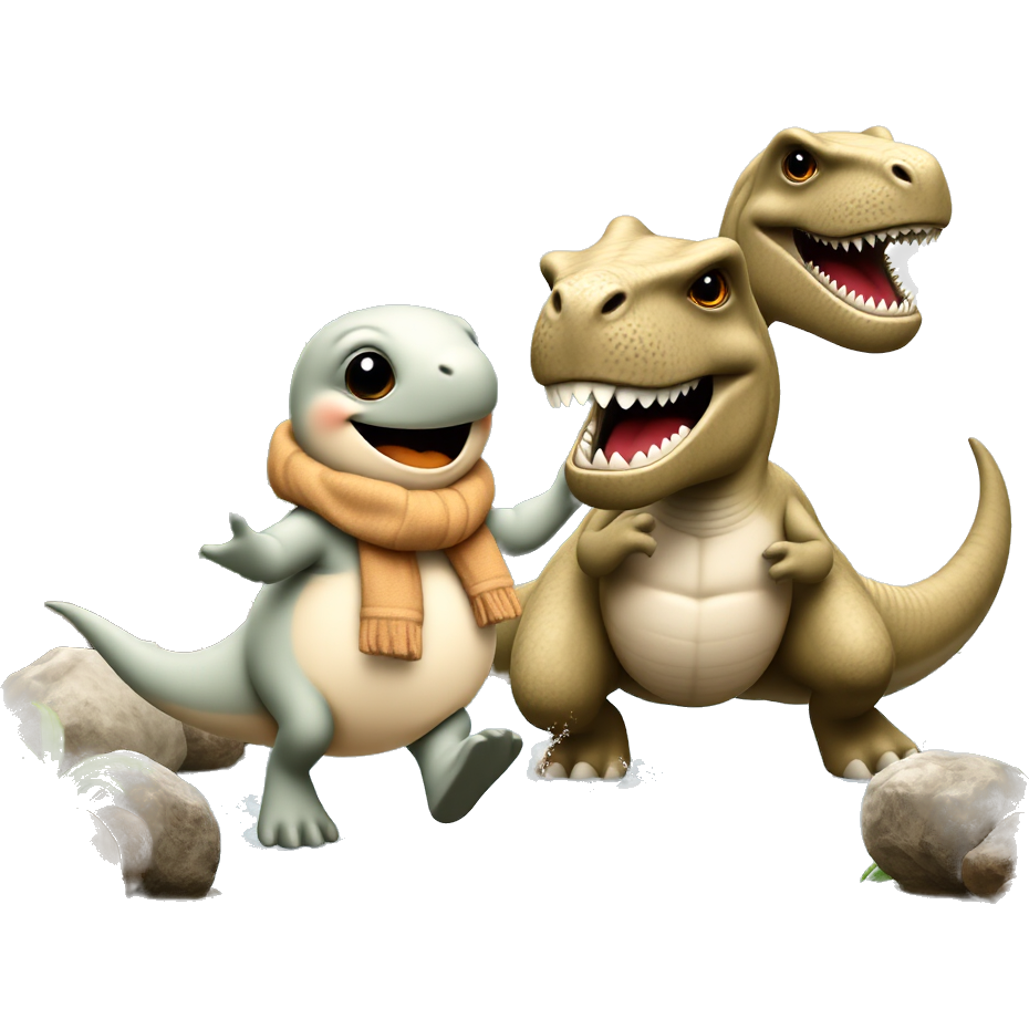 A playful Spheal wearing a dinosaur-patterned scarf waddles alongside a Luvdisc adorned with tiny dino fins. They're in a lush, prehistoric jungle, surrounded by towering ferns and a woolly T-Rex peering curiously at their aquatic dance amidst sparkling ancient waters.