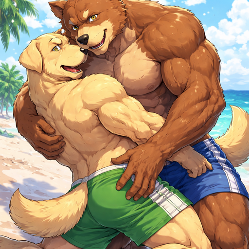 A Full BODY and FACE of a Buff and a Bara Furry Grizzly Bear with brown eyes with a wrestler type body. At the Beach. Talking to his Labrador Retriever Boyfriend who is as big as him, looking at him with his back turned. Leaning over him and Grabbing him around the Waist. In his Lap Grabbing his Thigh. Both doing it in a Manly way