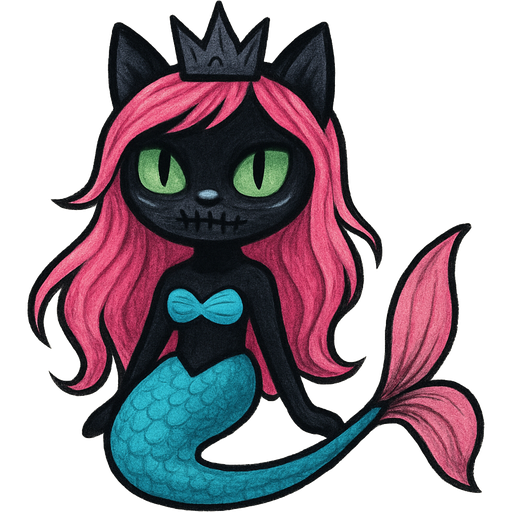 black cat pink long hair crown green eyes very long cyan and white mermaid tail with pink fins swimsuit cyan the nightmare before Christmas style emoji, artistic style