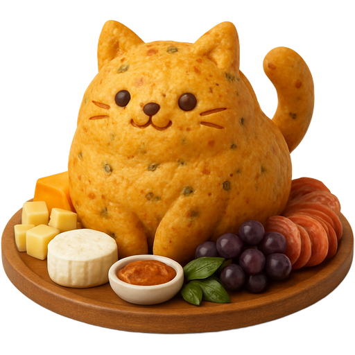 A cute cat that’s made from cheddar jalapeno bread that is resting on a charcuterie board with cheeses, meats, and other things you’d find on a charcuterie board