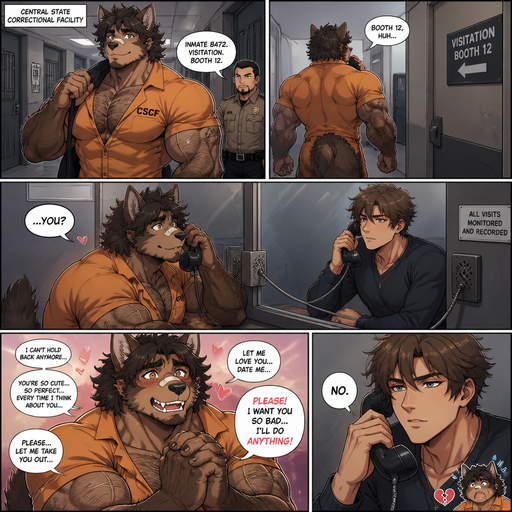 An Anime comic book of a Bulky and Slim and Small Waist and Huge Biceps but Muscular and more Muscle than Fat ANIME Cute Bara Man Who looks Normal and American with a round facial Structure and Basic facial structure With Puffy and Big Pecs that are visible through the shirt and Biceps and Bandaid on his nose and Is an Anthropomorphic Dog with Tail ears and Teeth and is the perfect balance of human and Wolf with Wolf instincts and Is super strong and fast and Hot and Dreamy and Devilishly handsome cute and has more hair on his skin and more on his head but still short and Facial but still Human face with a Perfect Physique and Huge arms and Chest with a Thin waist. And He’s in a jail and he gets called up to talk to somebody in the booth and when he goes to talk to them, it’s the person that he talks to is really cute and he can’t hold back he says and begs that he wants to date him and and at, attractive and dreamy but the person says no