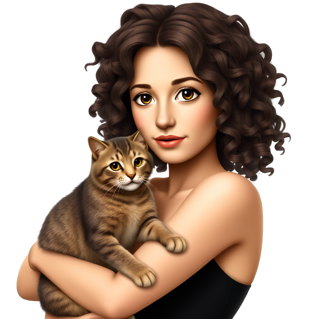 20yo girl, dark brown curly hair, wearing a piercing on her nose, holding a cat ,black tank top, sand tone, black eyes. smoky eye makeup