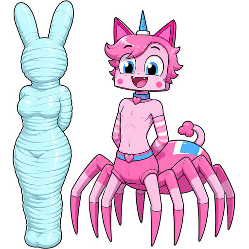 wrapped up and mummified fully covered in a #B8FFFF spider slik cocoon shaped like anthro female rabbit anthro arms behind back with #B8FFFF spider slik wrappings completely covered with thick layers non-transparent #B8FFFF spider slik wrappings next to a happy anthro femboy pink spider cat drider hybrid based on unikitty