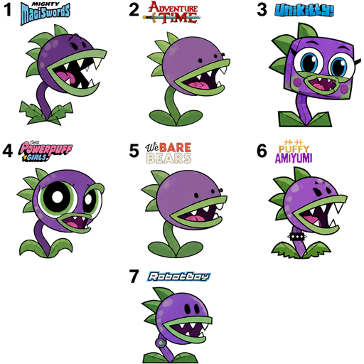 pvz chomper in cartoon network styles 1 mighty magiswords 2 adventure time 3 unikitty! 4 powerpuff girls 5 we bare bears 6 hi hi puffy amiyumi 7 robotboy