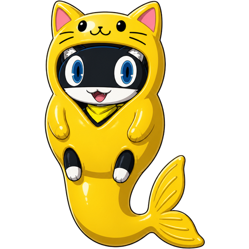 morgana anthropomorphic cat Persona 5 whole head body arms and legs encased tightly inside a non-transparent rubber pooltoy yellow cat with rubber pooltoy long yellow mermaid tail