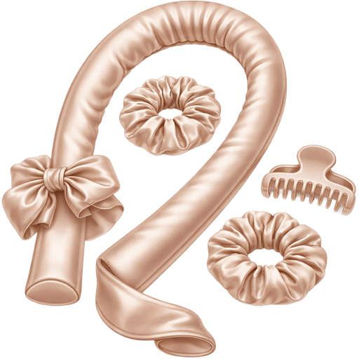 realistic, high-quality illustration of a heatless curl set in soft nude beige tones. The set includes a long, padded curling ribbon with a smooth satin finish, accompanied by two matching scrunchies and a claw clip. The fabric appears silky with a subtle sheen, featuring gentle folds and soft structure. The ribbon is neatly curved or slightly coiled to show its full shape
