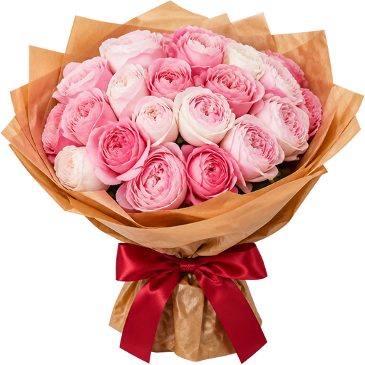 Valentine’s Day Pink and White Ombré Wabara Hand Tied Tsumugi Rose Full Bouquet tied in Golden Brown Tissue Paper and a Red Bow