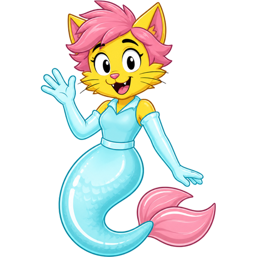 yellow boy cat furry with pink hair and light cyan very long rubber gloves light cyan dress tucked in light cyan mermaid tail with white highlights with pink tail fins (HouseBroken)
