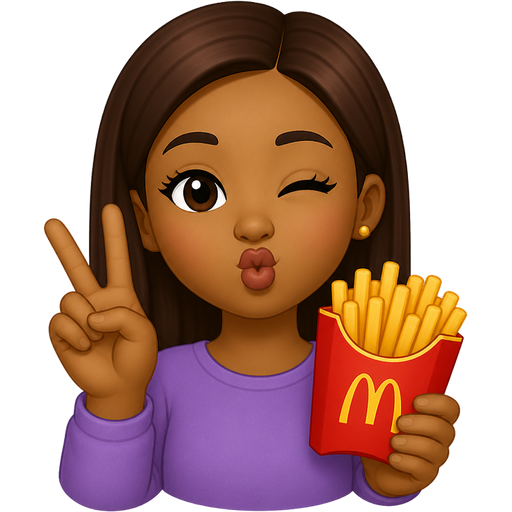 a brown skin girl holding up a peace sign with her right hand while holding mcdonalds fries in her left hand and making a kissy face