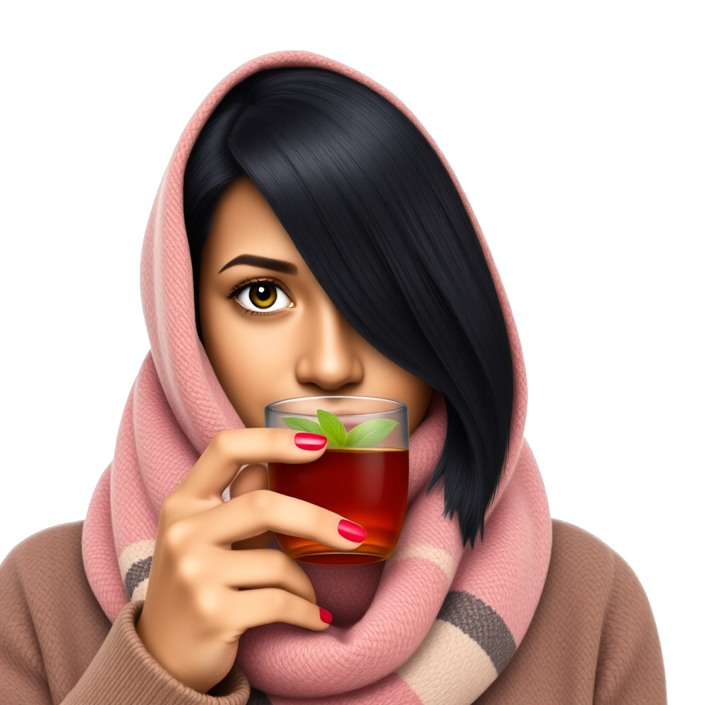 Tan Woman with black hair in half and dark green eyes wear dusty pink and brown Burberry scarf around her hair and drinking a red tea with mint with red nails