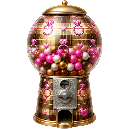 Valentine’s Day Gold and Brown Ombré Plaid Gumball Machine with Magenta Diamond Engagement Ring Printed Patterns and Written in Pink Letters that Reads “Has a Nice Ring To It”
