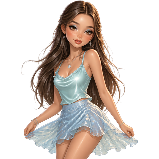 semi-realistic soft cartoon luxury glam, mini plush Bratz-doll aesthetic, cinematic glow, crisp clean detail, glossy glam skin. brown eyed Petite 5ft girl, fair skin with soft freckles, wide face with tall forehead, honey-brown almond wide-set upturned eyes, fluttery lashes, shimmer highlight, plush lips, bottom heavy lip, sweet Belle-princess vibe, long straight brunette hair with visible caramel highlights, wearing a flowing aqua satin camisole with soft draped trim, a misty-blue mini skirt with watery shimmer and airy movement, silver jewelry, hair in long glossy waves with tiny pinned-back sections, makeup with dewy skin, blue-lilac shimmer lids, peachy-pink blush, and a glossy rosy nude lip, posing with dreamy water-fairy energy and a soft serene smile