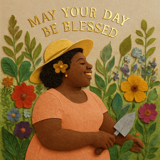 Mixed media art. A joyful, plus-size African American woman crafted from beautiful, textured colored paper, gardening in a lush paper garden. Real pressed flowers and leaves add depth. The saying "May Your Day Be Blessed" is cut from delicate, gold-foil paper and placed like a sunbeam across the top. Whimsical and textured. Style: Papercut sculpture and collage.