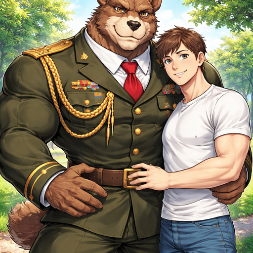 A Full BODY and FACE of a Muscular and Buff and a Gigantically Muscular with Chunky Gigantic Pecs AND biceps and a BIGGER head with the Perfect Waist. VERY Masculine and handsome Anime Bara Furry Grizzly Bear with a Very Good-looking and Mature Face and brown eyes with a wrestler type body. Dressed in a normal sized Military genaral Uniorm. With his Human Boyfriend wearing a white shirt and jeans. Taking a picture with his hands around his waist. At the Park