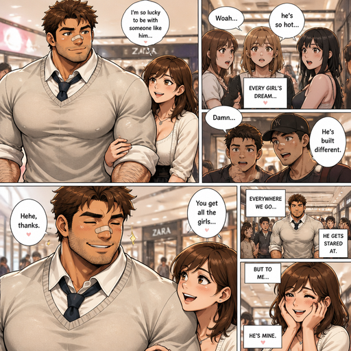 A REALISTIC AND LIFELIKE Comic book Story of a Bulky but Muscular ANIME Cute Bara Man With Peach toned skin Who looks Normal and a huge and Masculine round facial Structure and Basic facial structure With Puffy and Big Pecs that are visible through the shirt and Biceps and Bandaid on his nose and Brown Spiky hair and His Hair Curls At the tip of strands. Wearing a white shirt and sweater with pants a Tie and Rolled up sleeves and has a HAIRY MANLY body and Small stubble beard. with his girlfriend At the mall and they look perfect and Everton girl and He Soon happy he smiles and Gets pretty privilege