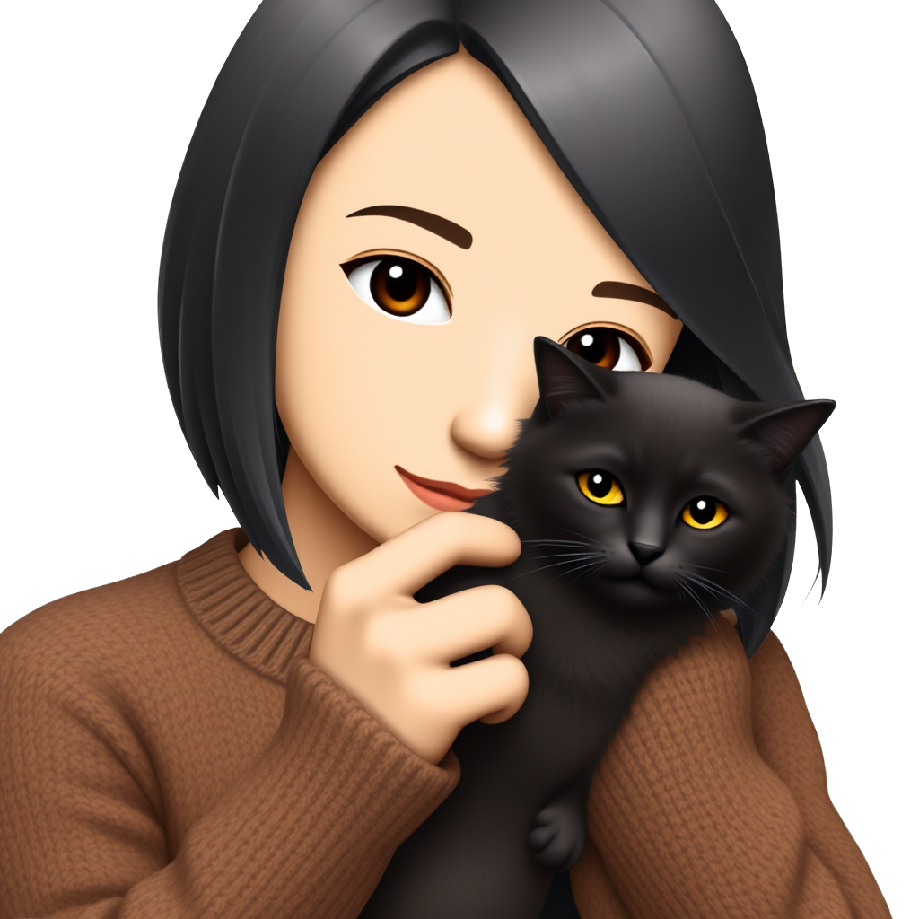 19yo girl, tan-bronze tone, black to the shoulder length hair , black eyes, holding a cat., wearing brown sweater