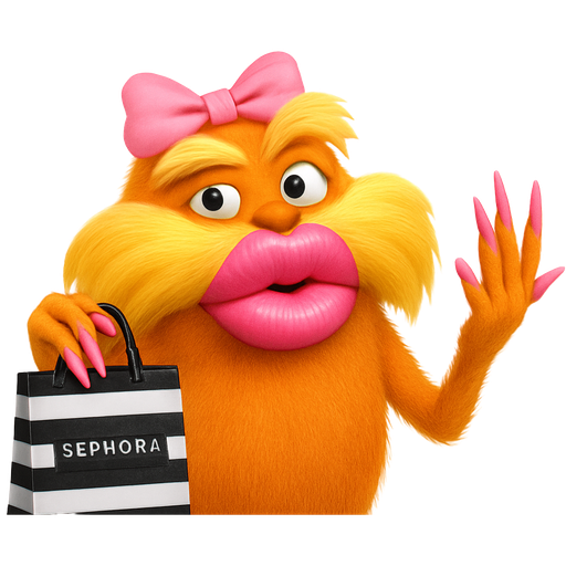 The Lorax with a Sephora bag with really big lips and a pink light pink bow, and pink nails, long pink nails, and saying girl I need my Sephora