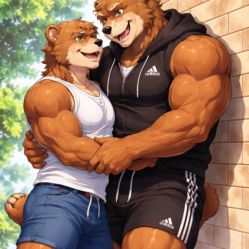 A Full BODY and FACE of a Buff and a Bara Furry Grizzly Bear with brown eyes with a wrestler type body. Wearing an Adidas Sweat Short and Shorts. Talking to his Boyfriend And Hugging him around the waist. On a Wall