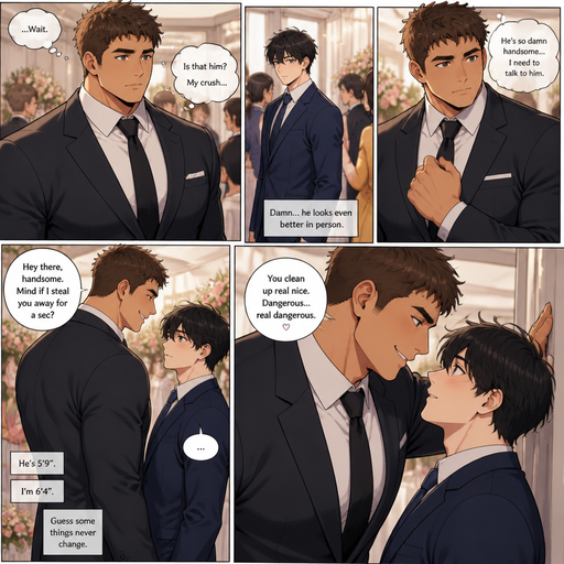 A DETAILED AND LIFELIKE ANIME Comic Book story view of a Big but Bulky ANIME Cute Bara Man With Peach toned skin Who looks Normal and 20 years old and a Perfect and Manly facial structure With Puffy and Big Pecs that are visible through the shirt and Biceps and Brown short hair. Wearing a Suit and Had a Perfect Physique in it. At wedding and sees his crush and he looks so handsome he is 6’4 but his crush is 5’9 and fully grown and he tower over his crush when he flirts