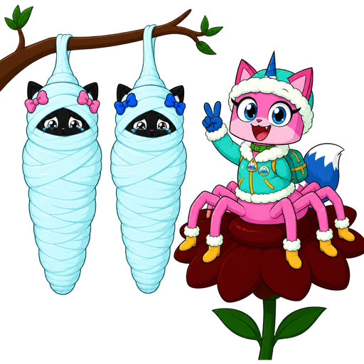 ( cartoon network style version) wrapped up and mummified fully covered in a #B8FFFF spider slik cocoon shaped like anthro black cat female anthro two pink hair bows whimpering teary eyes with arms behind back with #B8FFFF spider slik wrappings completely covered with thick layers non-transparent #B8FFFF spider slik wrappings hanged to the branch on the left side next to wrapped up and mummified fully covered in a #B8FFFF spider slik cocoon shaped like anthro black cat female anthro with 2 blue hair bows whimpering teary eyes arms behind back with #B8FFFF spider slik wrappings completely covered with thick layers non-transparent #B8FFFF spider slik wrappings hanged to the branch on the the right side next to happy pink cat anthro furry boy drider with blue and white tail white wrists blue hands white ankles yellow socks green collar blue unicorn horn based on unikitty wearing everest's hat and everest's clothing with everest's backpack doing victory sign sitting on a dark red flower