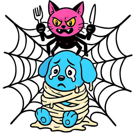 #FFFEED slikworm cocooned pod #FFFEED blue puppy worried teary eyes covered with #FFFEED very huge coating of #FFFEED slik and very huge #FFFEED slik wrappings and #FFFEED webbings #FFFEED very large coating of #FFFEED slik and very huge #FFFEED slik wrappings and #FFFEED webbings #FFFEED onto a large #FFFEED cobweb with a wicked pink and black cat spider hybrid holding a fork and knife