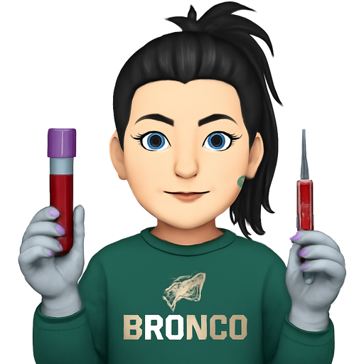 A woman with white skin, thin high arched eyebrows, with a nose ring, long black hair pulled straight back into a messy top ponytail, wearing light gray latex gloves, wearing a green ford bronco sweatshirt, very pale blue eyes, holding a purple top tube of blood and a string half full of blood
