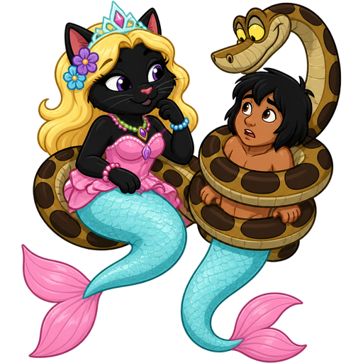 black cat with light yellow hair purple and blue flowers light cyan crown purple and green necklace pink and blue bracelets pink dress attached to long light cyan mermaid tail with pink fins based on kaa wrapped around Mowgli with long light cyan mermaid tail with pink fins