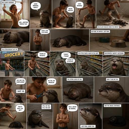 A Long COMIC BOOK and shows the otter’s impact story Waking up in the morning on a Sunny day and no cin pajamas and his pet otter but Excessively bully’s the otter and it crakes the floor and Doesn’t get up. in the grocery store and the Otter coughs up Saliva and takes a nap in the cart and gets dehydrated and sweaty. But the otter losses its tail due to complaining. And doesn’t have a tail now