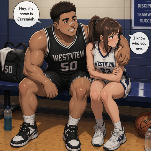 A Real life Full Body view of a Chunky Small but Muscular and more Muscle than Fat ANIME Cute Bara Man Who looks Normal and American with a round facial Structure and Basic facial structure With Puffy and Big Pecs that are visible through the shirt and Biceps and Bandaid on his nose. Wearing a Tight Basketball. Sitting on bench after practice drenched in sweat hugging his crush saying how was “ hey my name is Jeremiah”. and her blushing and looking away saying “I know who you are”