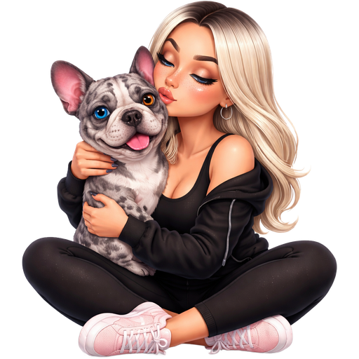 A thick waist baddie woman with icy blonde hair parted dark in the middle and gray eyes and freckles across the nose sitting in the middle of a yoga pose in black workout clothes open black sweater black tank top and light pink adidas hugging and kissing a grey merle french bulldog with one blue eye and one brown eye