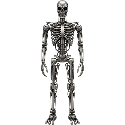 metal skull steel jaws with sharp metal teeth metal pipe ribcage robotic organs metal flexible hose spine arms metal hands and legs metal feet with three metal balls toe